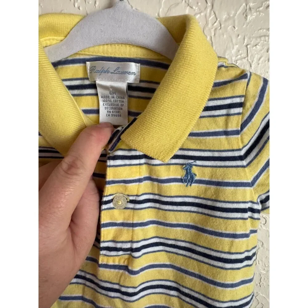 Ralph Lauren Yellow Blue Striped Baby Romper 6M Collared 100% Cotton